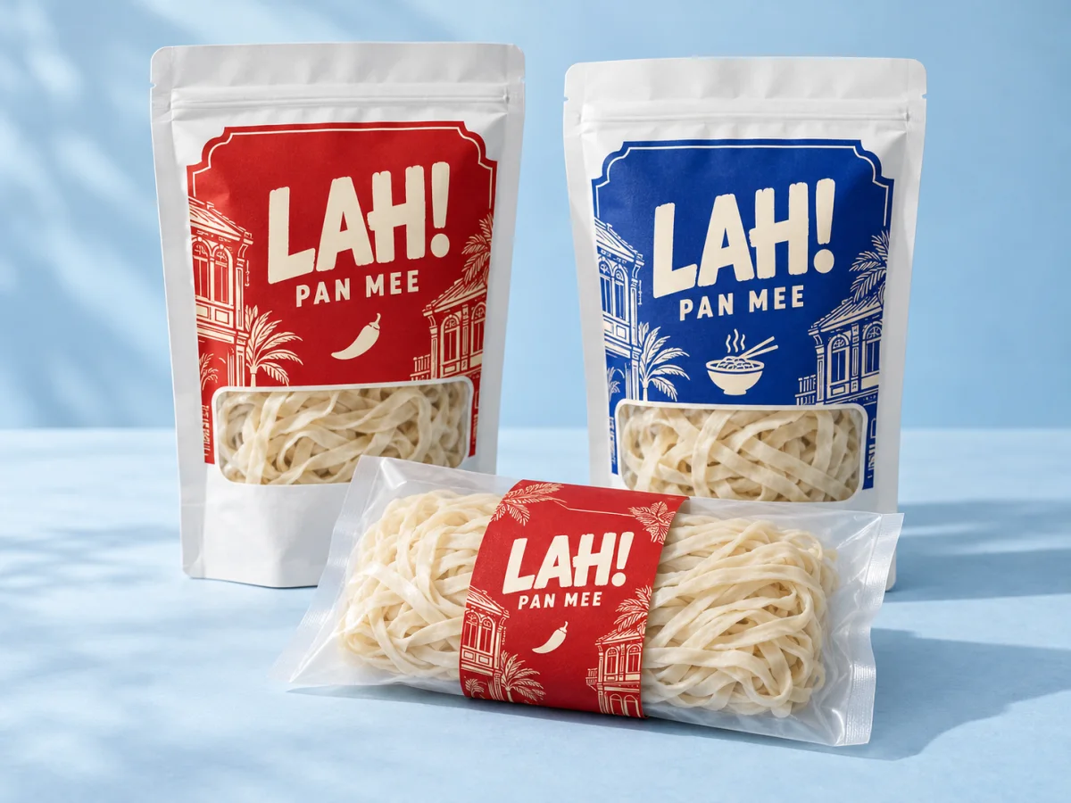 LAH! red and blue pantry noodle pouches beside a fresh noodle pack